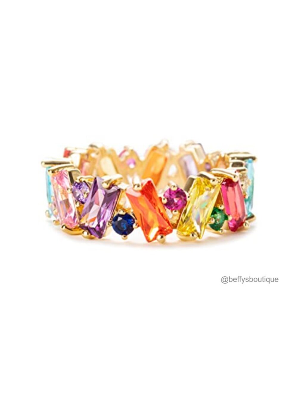 18K Gold Plated Brass Eternity Rainbow Ring Women's Baguette Cocktail Band